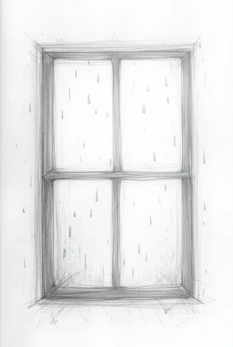  a pencil sketch of a window with raindrops,  with soft strokes and delicate shadows , made in pencil.  Close-up of a window , monochrome, Line art, random strokes .