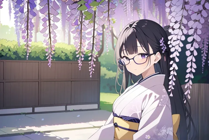 1 woman, Black Hair,Glasses,Japanese Kimono,Wisteria trellis, wisteria flower