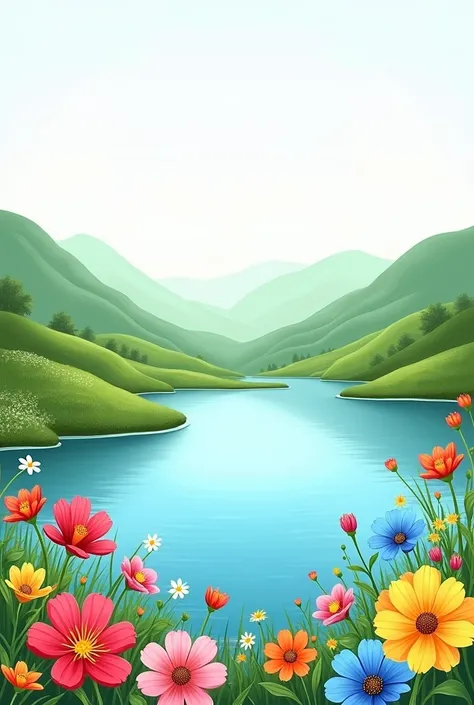 A drawing lake sorrounded with flower. Make it simple and creative 