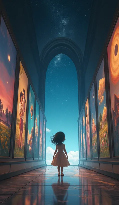 A small cute girl is walking toward the dark, space-like long portal toward the far end. and on both sides of the portal are large panels one by one, with very detailed images of all the moments of her happy times