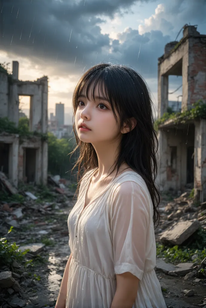 modern anime style, a girl with a despairing expression gazing up at the sky while standing in ruins during rainfall