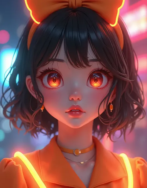 Full body Looking at kamera ,close-up,typography text says "Sheriel" Double exposure background with colorful neon light map of Indonesia floating in the air. It looks like a woman wearing a hyper cute niku anime costume,  with a cute face , eyes wearing g...