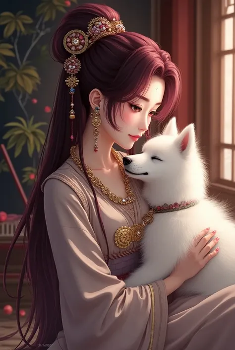 A Japanese woman who lives in a castle, is beautiful, has reddish-purple semi-long hair and wears a variety of jewelry　A cute white Samoyed dog is sleeping next to me