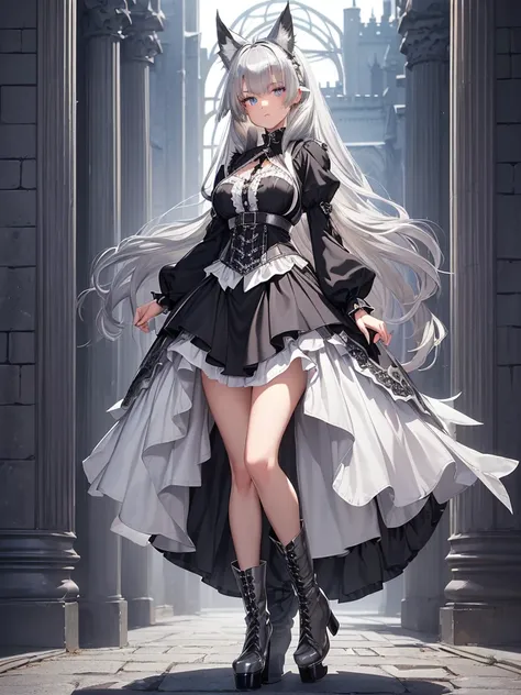 masterpiece, Best Quality,gothic lolita costume,flared skirt with slit, black boots,(( Full Body Image of One Woman)), Big Breasts,  Waist Length Silver Hair ,Long central bangs ,((((Silver Fox Girl ,Silver Fox Ears ,Silver Fox Tail )))), blue eyes, ((( De...