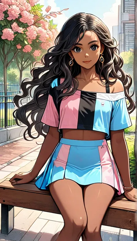 (((Adult trans woman)): mini skirt, ((Trans flag colors clothes)), off shoulders cropped top, black eyes, ((brown skin)), dark skin, showing the whole body, ((black hair, long wavy hair)),(High heel sandals ). Closed mouth )); full body shot, cute smile, i...