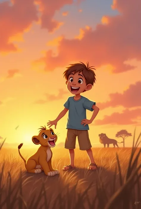 cheerful little  with tousled brown hair, wearing a bright blue T-shirt and khaki shorts.A small lion cub with soft golden fur and big, innocent eyes, playfully exploring his surroundings.A poignant sunset scene where Leo stands at the edge of the savanna,...