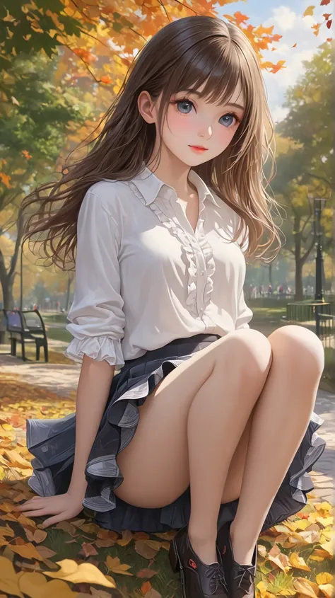  full body image,Realistic, (masterpiece,Highest questions answered :1.4),(16k, RAW Photos,Realistic:1.2), Detailed skin,  Details Faces  ,   slender girl in early fall park , cute face, Super Resolution, Realistic Detailed Illustration  ,,{{{Exquisite ,co...