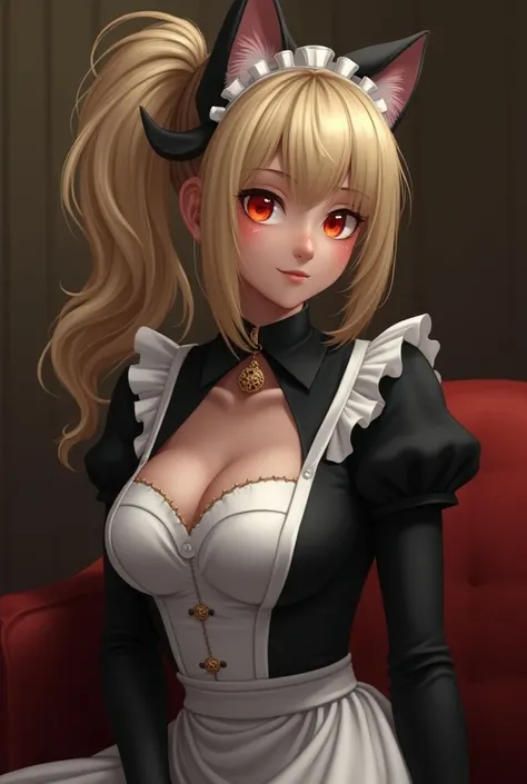 a blonde ponytails with red eyes girl get fucked while in the cat maid suit