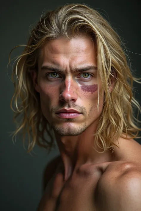 Hiper-realistic portrait of a strong and muscular 19-year-old Finnish man with long blonde hair, green eyes, and an old scar on his left cheek. His face has a rugged, weathered appearance. His skin is pale. His hair is slightly messy.
