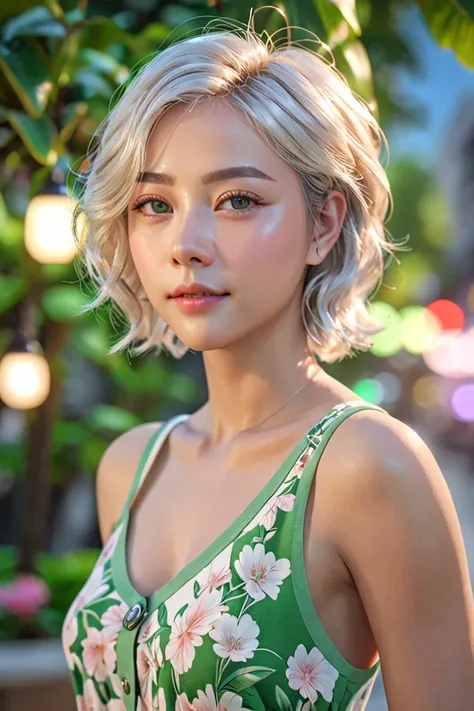 1 girl, solo, cute, looking at viewer, beautiful body, blush, (silver blonde short wavy hair), (small breast), (green eyes), very life-like eyes, stylish casual outfit, beautiful environment, highly detailed, masterpiece, best quality, highest quality, hig...