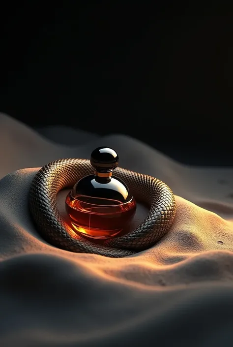 product model of a round perfume bottle lying beneath snake skin on sand, dark environment