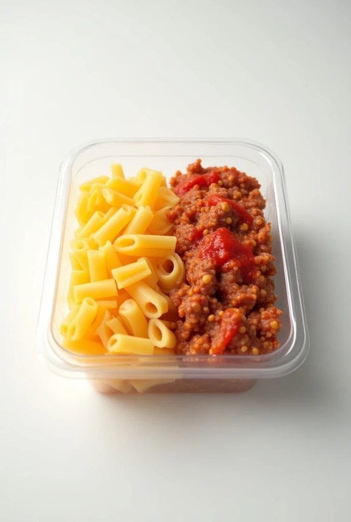  in a clear plastic packing box，Theres pasta on the left ， and some minced meat with pepper sauce on the right ，Draw him in three dimensions