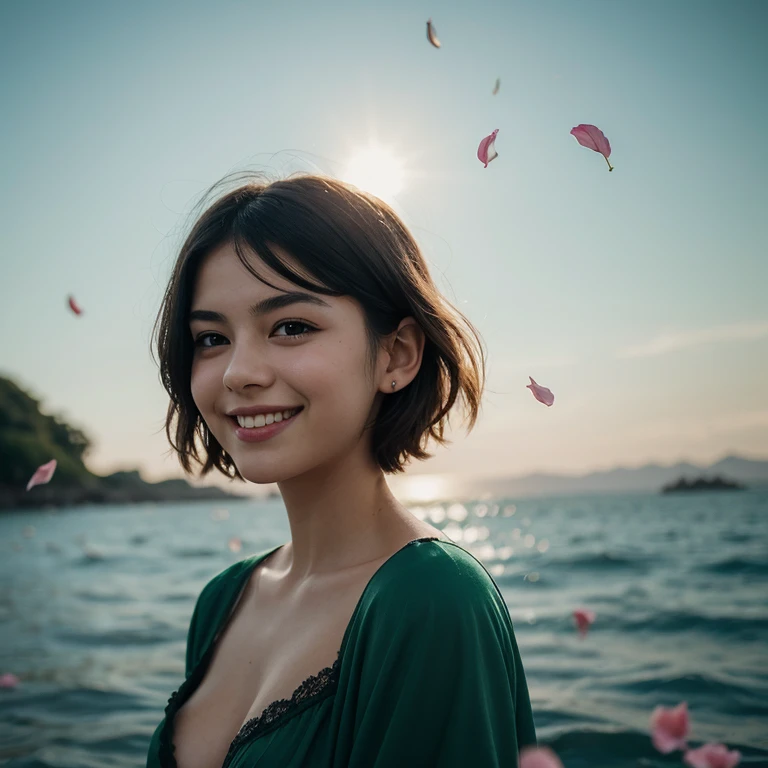 One beautiful and delicate portrait of a playful cute young woman with short boyish hair, black hair, emerald green sea, mischievous smile, dancing petals, (top quality, masterpiece, ultra-realistic) and petals floating in the background