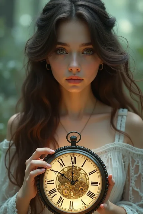  A beautiful girl with long wavy hair, wearing a bohemian dress, holding a clock where it is drawn inside and showing it to the viewer