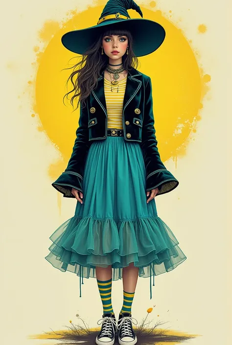 Witch  with  velvet short jacket with pointed shoulders and bell sleeves, striped shirt,  midi skirt with tule and ruffles, striped  socks, all star shoes, in aqua and yellow colours