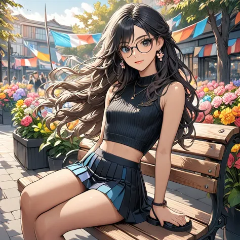 (((Adult trans woman)): pleated mini skirt, ((Trans flag colors clothes)), sleeveless cropped top, black eyes, ((brown skin)), dark skin, showing the whole body, ((black hair, long wavy hair)),(High heel sandals ). Closed mouth )); full body shot, cute smi...