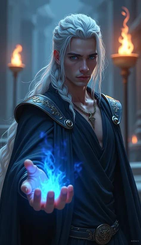 Create a young and handsome prince of hell who is beautiful and attractive, that she has long white hair tied in a half braid and light blue eyes. that he is wearing a black combat outfit, that has shoulder pads on his shoulders and a black cape of semi-tr...