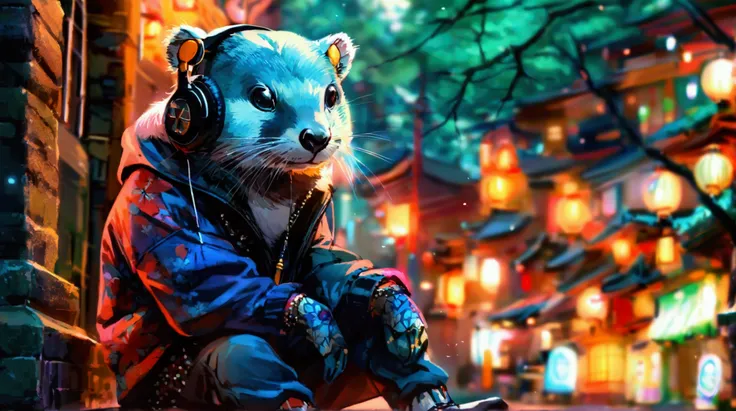 The otter is wearing a hip-hop outfit, with headphones on, sitting on stairs and looking down at the city, japan style, japanese