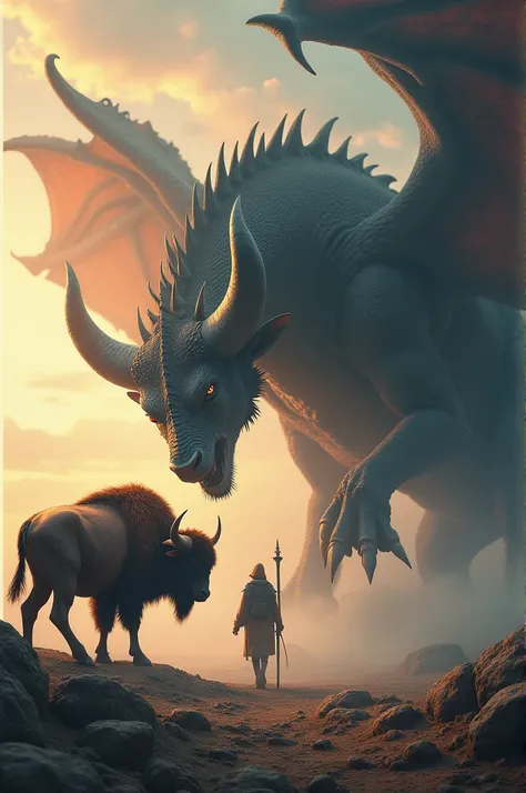 Create a photo of a standing object between a dragon and a buffalo