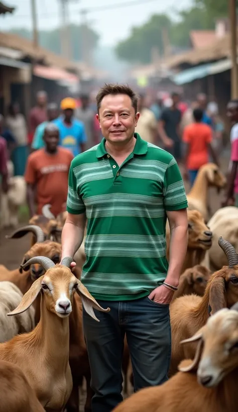 A bustling marketplace filled with livestock. Elon Musk and green striped polo shirt, stands amidst a group of goats, holding one by the neck. The scene is lively, with people in the background going about their activities, some wearing colorful attire. Th...