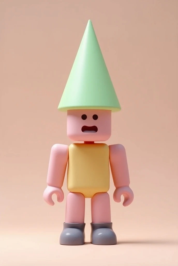 Create a photo of a Roblox Noob doll with a cone on its head 
  