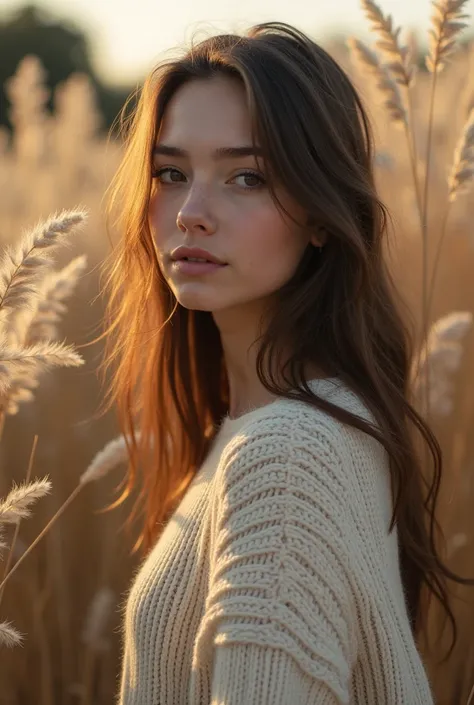 A young woman stands outdoors, surrounded by tall, feathery grasses that sway gently in a soft, natural breeze. The setting appears to be during the golden hour, as warm, golden sunlight casts a soft glow over the scene, illuminating her face and hair with...