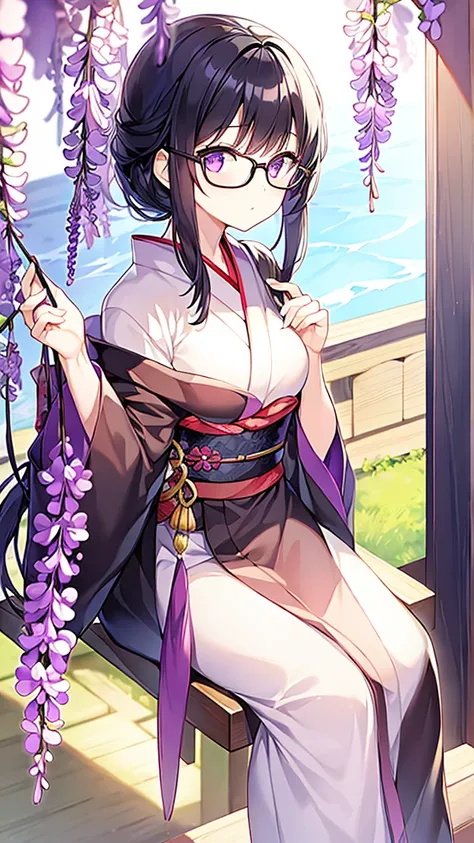 1 woman, Black Hair,Glasses,Japanese Kimono,Wisteria trellis, wisteria flower