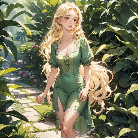 a beautiful young girl with long blond curly hair, wearing a 1930s style green sailor dress, standing in a lush garden, her large beautiful eyes gazing softly, with a gentle blush on her cheeks, her slender figure accentuated by a short white top and linge...