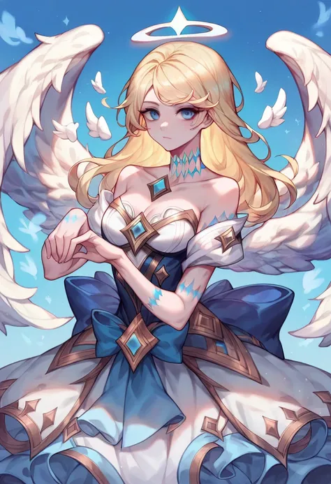 angel wings, (((white angel woman, delicated pose, detailed face, pale skin, long blonde hair))), gorgeous anime angel , gwen from league of legends, gorgeous white and pink sensual gala dress, sensual pose, (((blue sky background, gorgeous sky background)...