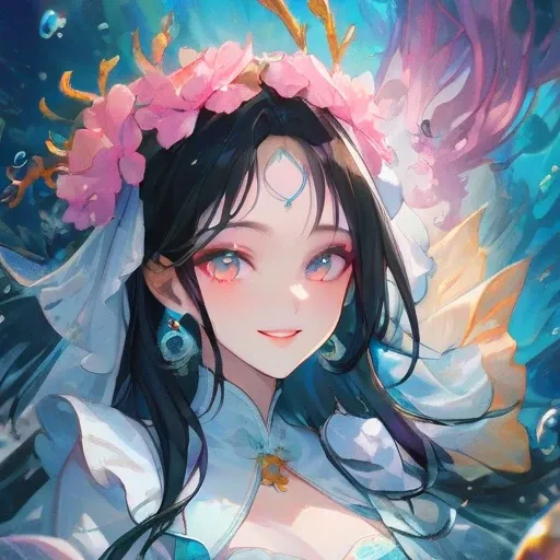 Beautiful facial features, Exquisite makeup,Exquisite eyes,detailed,((kindness)),happily smile,((looking at the viewer)),forehead,bright,under the sea