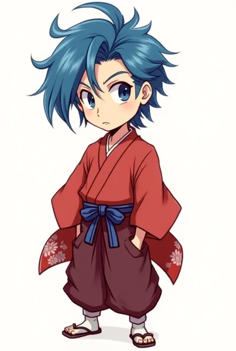  blue hair all back、male、kimono red、Standing、Details、anime、Chibi