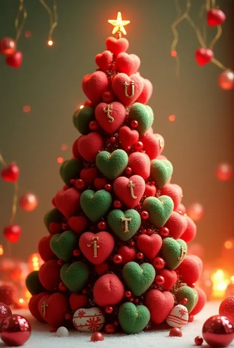  red and green puff hearts in the shape of a Christmas tree　My text name is on the trunk of the heart tree 3D 「ti」