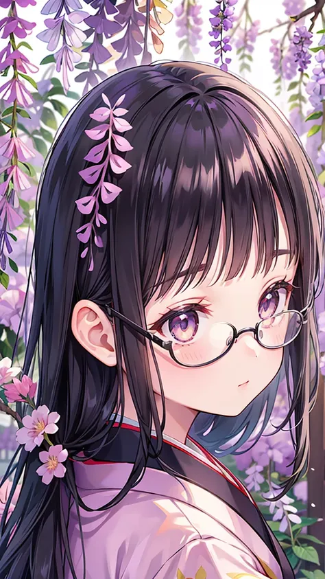 1 woman, Black Hair,Glasses,Japanese Kimono,Wisteria trellis, wisteria flower