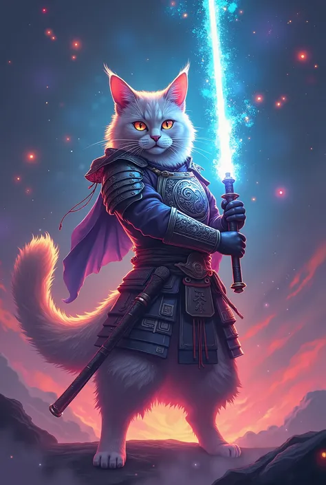 A samurai cat surrounded by a cosmic aura, raising a laser saber forged in stellar flames, symbolizing a powerful renewal, pixel art style.