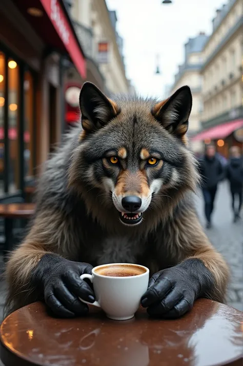 A photo of Wolfverine drinking coffee in Paris