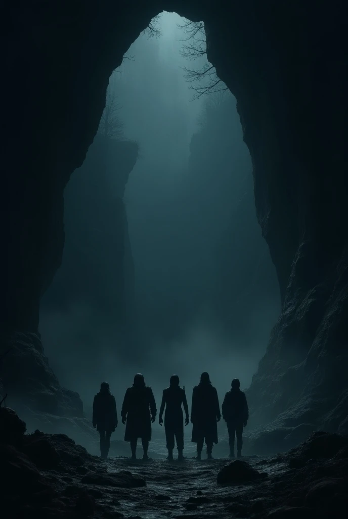 five people standing at a cave entrtance, dark, gloomy picture