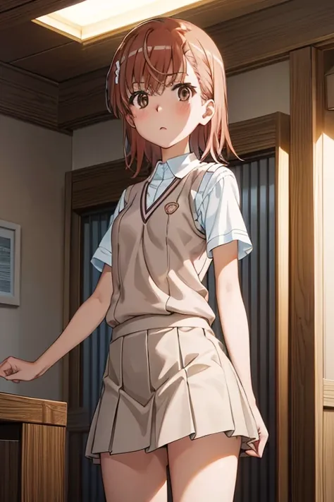 Mikoto misaka.、A Certain Scientific Railgun、girl、Small breasts、whole body,blush,Short sleeve blouse、Beige knit vest、Darkgrey plain pleated skirt、best quality,