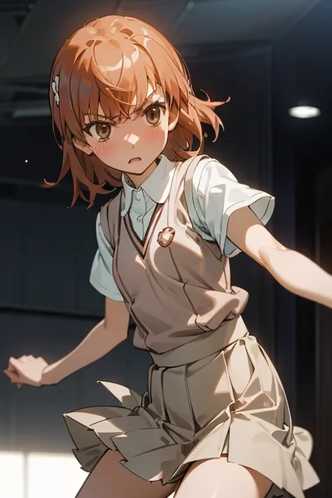 Mikoto misaka.、A Certain Scientific Railgun、girl、Small breasts、whole body,blush,Short sleeve blouse、Beige knit vest、Darkgrey plain pleated skirt、best quality,