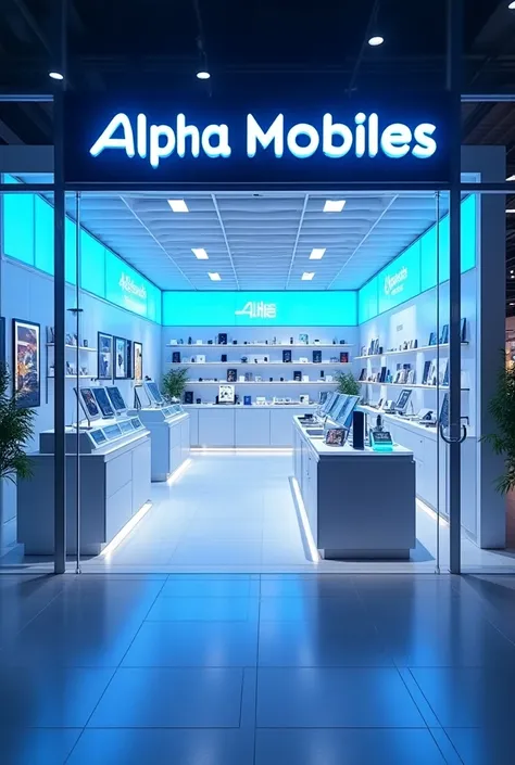 A mobile phone shop with alpha mobiles name board with blue and white