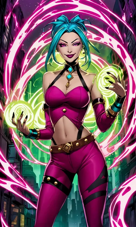 DC villain Jinx (sexy classic Jinx costume, outlandish comic theming, evil smile) is teasing the viewer, energy swirls around one hand. Streets of New York
