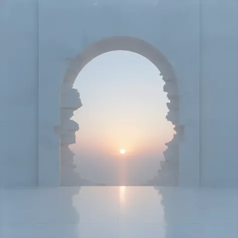 Create a surreal and minimalist album cover featuring a monumental floating arch centered in the frame. The arch should be:

Made of white marble with a clean, modern design
Fragmented into pieces that appear to be simultaneously dissolving and reconstruct...