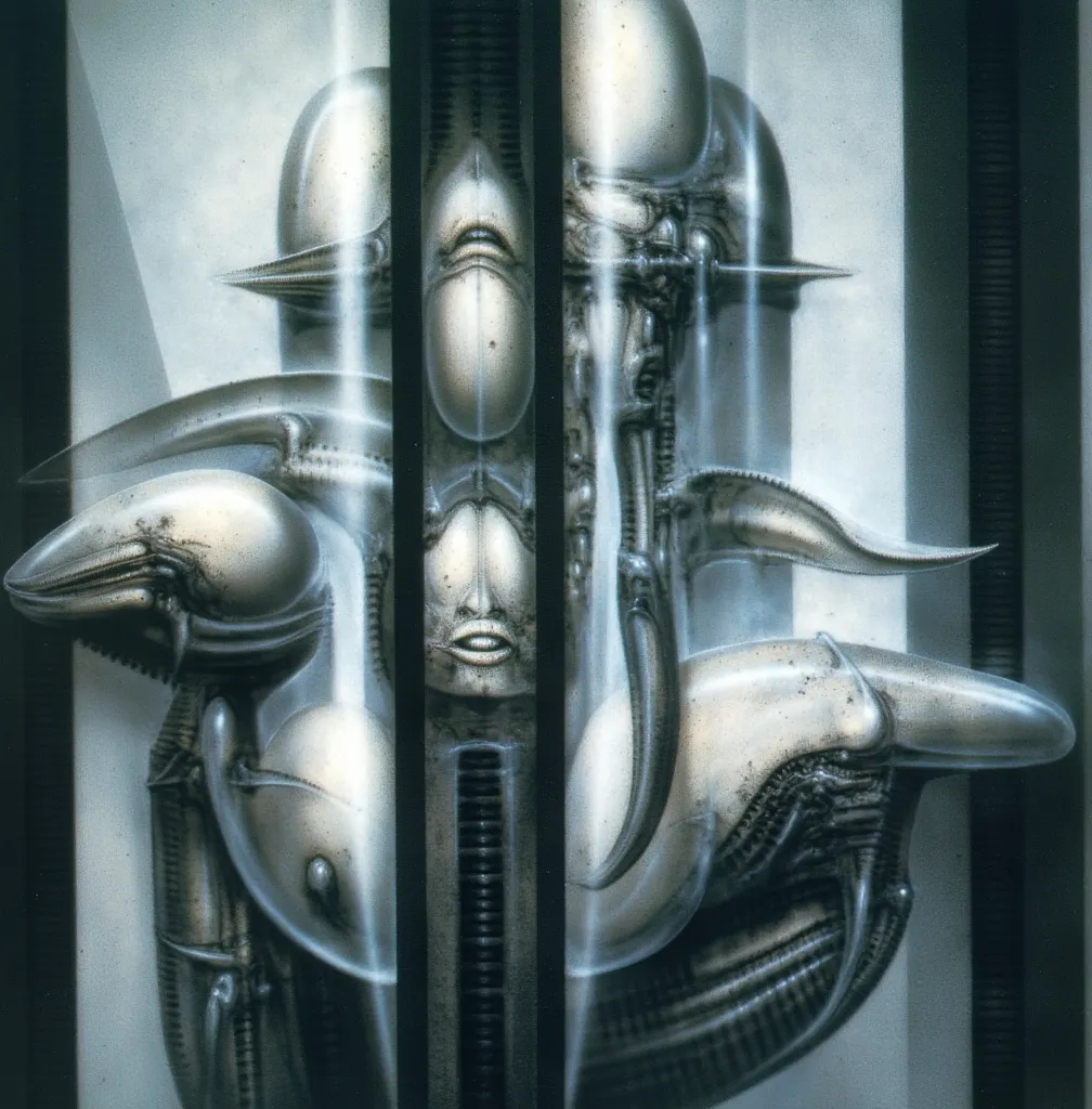 h. r. giger's g1g3r, , giger_style, the image is a detailed view of h.r. giger's \" hrg vault iv \" plate, featuring  is a class...