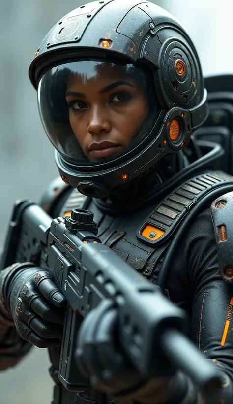 a close up of a person in a space suit with a gun, cyberpunk art inspired by Craig Mullins, cgsociety contest winner, digital art, futuristic astronaut, sci - fi pilot, sci-fi soldier, futuristic soldier, sci fi artwork, sci-fi digital art illustration, sc...