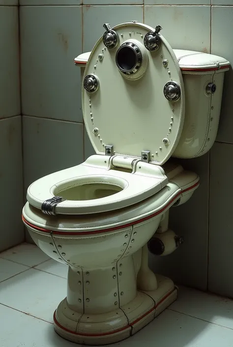 It generates a toilet shaped like a flying saucer with three metal clamps and a head with a mask that protrudes.