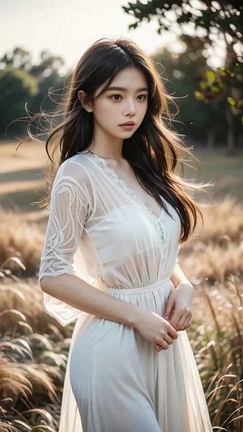 A young woman stands outdoors, surrounded by tall, feathery grasses that sway gently in a soft, natural breeze. The setting appears to be during the golden hour, as warm, golden sunlight casts a soft glow over the scene, illuminating her face and hair with...