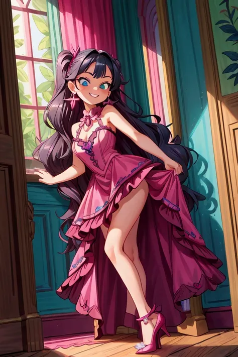 (Masterpiece, best quality) 1 girl, standing indoors with intricate details and sunlight, magenta frilled dress with short neckline, earrings, magenta high heel shoes, green long hair, blue eyes, mischievous smile, teeth showing, bad girl, sexy pose, coque...