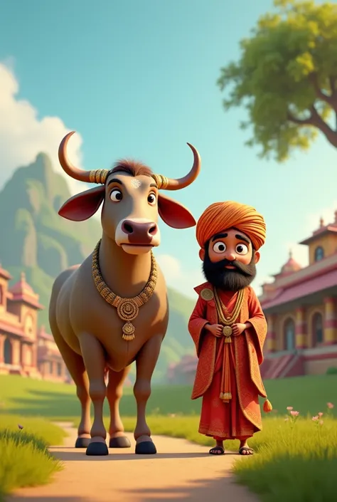 create cinematic 3d cartoon ” an ox with his owner in traditional Indian clothes "