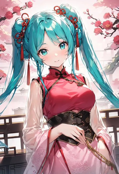 (hatsune miku:1.2), (corset changpao, sheer:1.4), (gleaming skin, shiny skin:1.4), (upper body:1.4), (luxurious chinese garden:1.4),