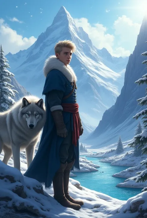 Blue colour eyes handsome boy standing ice mountain and wolf sitting in side and rivers 