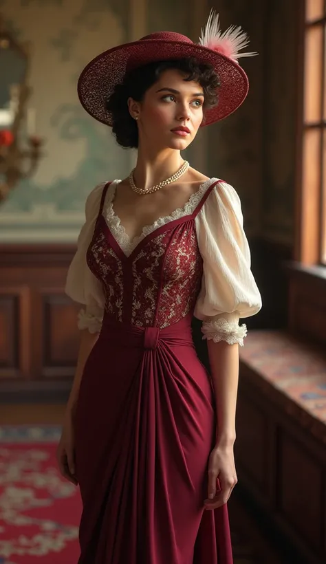 Create an ultra-realistic image of a woman dressed in a look inspired by the fashion of the Titanic era, with the gown in a rich wine color to capture the refined elegance of the 1910s. She should be wearing a long, flowing dress with a high waistline and ...